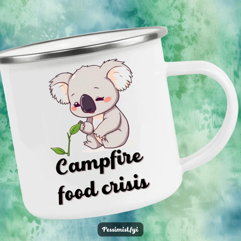 Funny koala camping mug featuring a cute character looking down with concern at a single, wilting leaf, perfect for outdoor eco-humor.