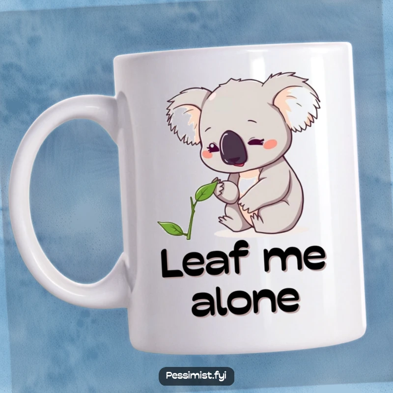 Funny koala mug showing a cute character looking down with concern at a single, wilting leaf, evoking eco-anxiety humor.