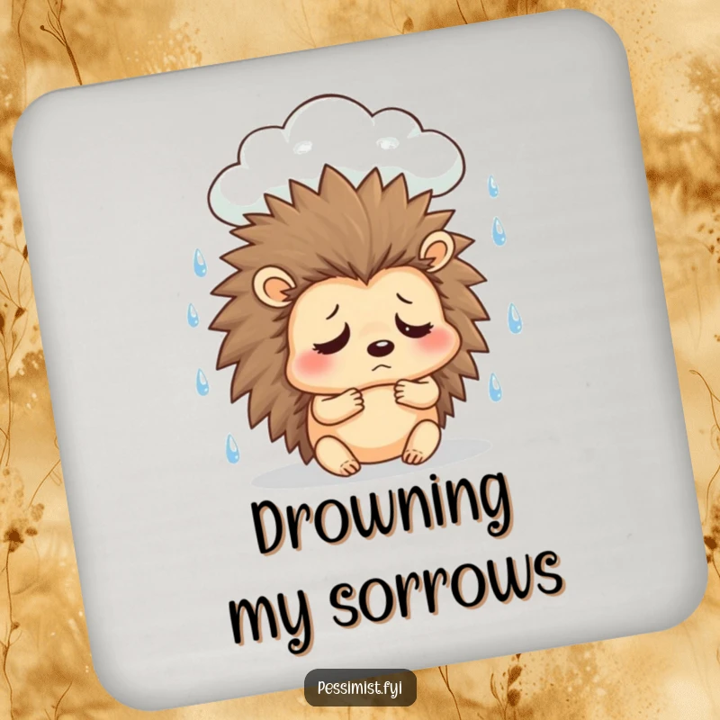 Funny sad hedgehog drink coasters showing a character under a rain cloud, sighing, perfect for moody humor and surface protection.