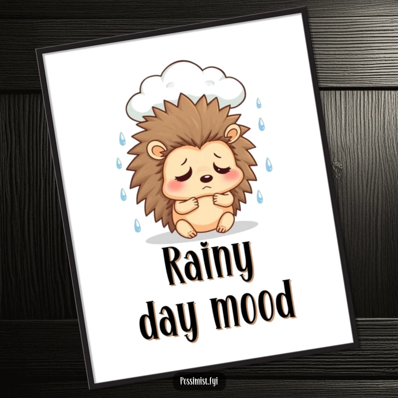 Funny sad hedgehog poster featuring a character surrounded by a rain cloud, sighing, adding relatable gloomy humor to decor.