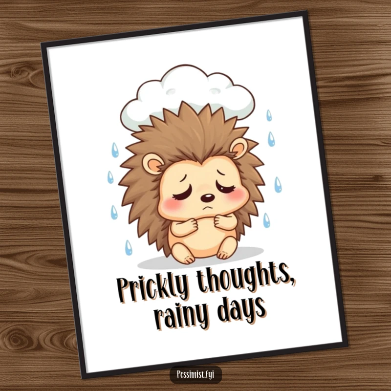Funny Free Printable Wall Art: A sad hedgehog character sighs under a looming rain cloud.