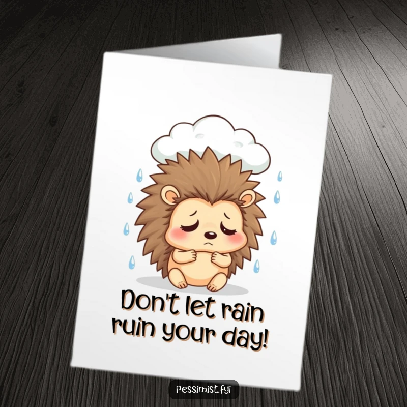 Funny Free Printable Birthday Card: A sad hedgehog sighs under a rain cloud.