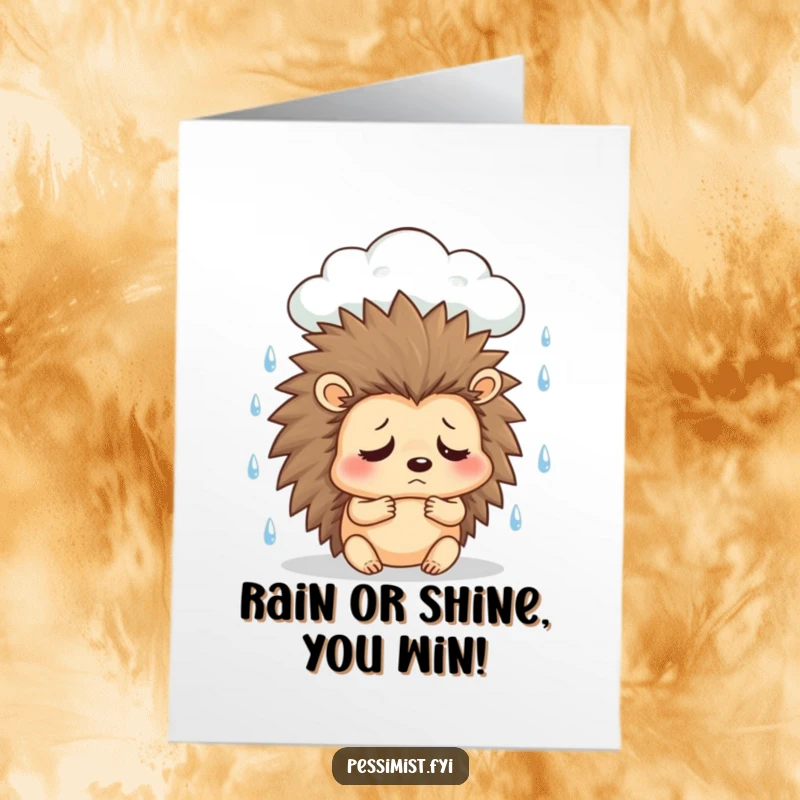 Funny Free Printable Congratulations Card: A sad hedgehog sighs, enveloped by a rain cloud.