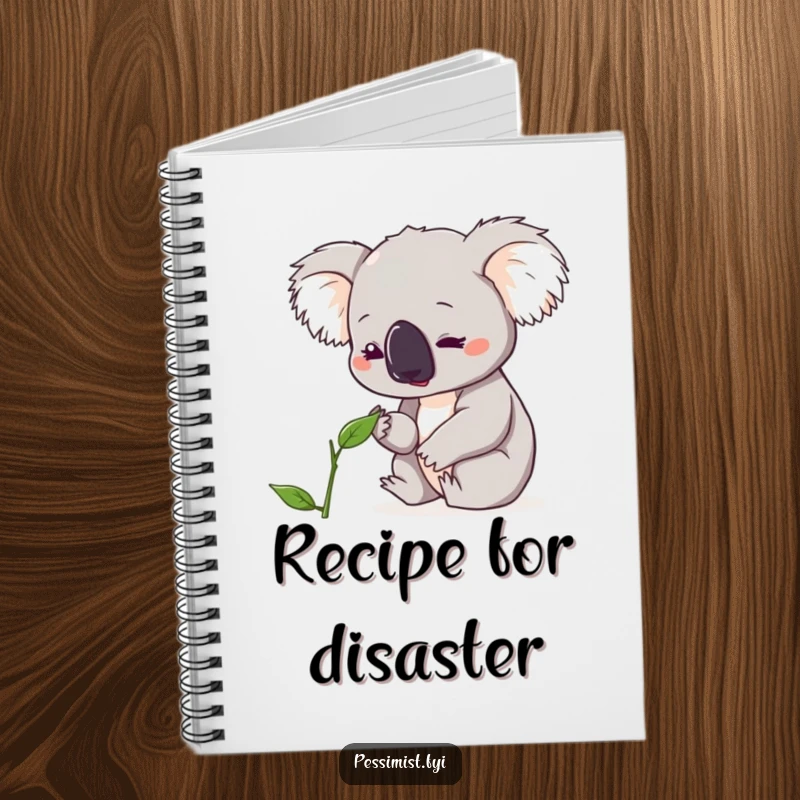 Funny koala notebook showing a cute character looking down with concern at a single, wilting leaf, perfect for eco-humorous notes.