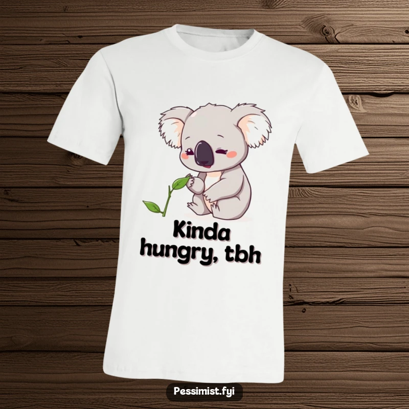 Funny koala t-shirt featuring a cute character looking down with concern at a single, wilting leaf, perfect for eco-humor fans.